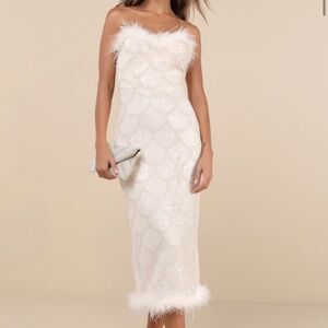 Uniquely Confident Cream Lace Feather Strapless Midi Dress